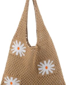 Abbylike Crochet Tote Bag for Women Aesthetic Daisy Mesh Beach Bag Boho Knitted Shoulder Handbag Casual Cotton Knit Tote Bags for Travel Vacation Shopping