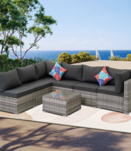 7-Piece Gray Wicker Outdoor Furniture Sectional Sofa with Dark Gray Cushion and Coffee Table