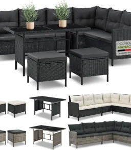 Juskys Polyrattan Lounge Manacor - Sofa. Tisch. Hocker & Kissen - Schwarz & Grau