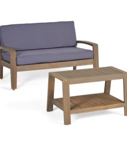 Wilcox Outdoor Acacia Wood Loveseat And Coffee Table Set With Cushions - Grey. Dark Grey