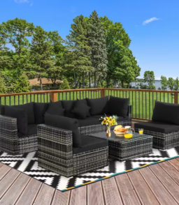7-Piece Wicker Patio Conversation Set with Black Cushions