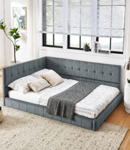 Full Upholstered Tufted Velvet Daybed Frame With Backrest And Armrests. Grey. 80.5'' x 59'' x 30.5''
