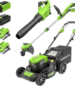 Greenworks 40V 21 inch Self-Propelled Lawn Mower. 500 CFM 120 MPH Axial Blower. 13 inch String Trimmer - 2 Batteries 5Ah+2Ah & Chargers