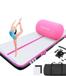 Air Track 10FT Inflatable Gymnastics Mat With Roller and Electric Pump - Black/Pink. 4in