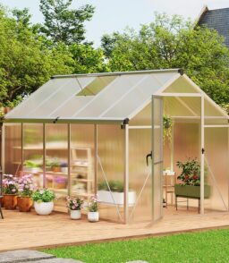 Garvee 6 x 10 ft Green Polycarbonate Greenhouse With Aluminum Frame. Lockable Door And Adjustable Roof Vent