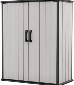 Keter Premier Vertical Outdoor Storage Shed With Floor. Lockable Double Doors. Grey