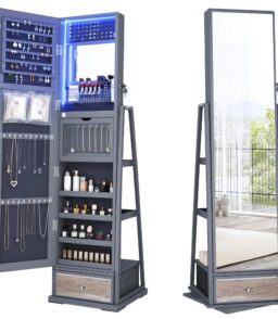 FREDEES Standing Jewelry Cabinet With Full-Length Mirror. Lights. Engineered Wood. Gray. 14 in D x 15 in W x 64 in H