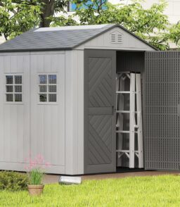 HOMSPARK Outdoor Resin Storage Shed 6x6 Ft With Floor And Windows - Grey