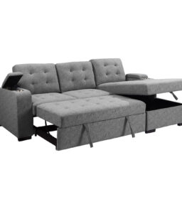 Benjara 120 Inch Sleeper Sectional Sofa Bed with Storage. Modern Tufted Gray Fabric
