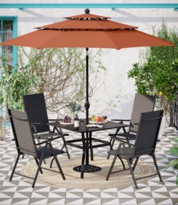MAISON ARTS 6-Piece Patio Dining Set With 4 Adjustable Folding Chairs. Square Metal Table And 10ft Umbrella