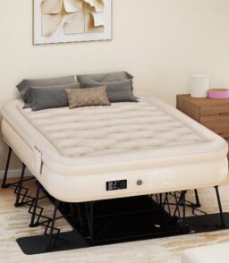 Dextrus Inflatable Queen Air Mattress With Built-In Pump. Steel Frame. Velvet Surface. Khaki
