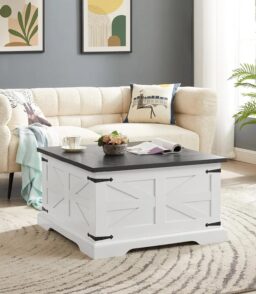 Farmhouse Square Lift-Top Coffee Table With Hidden Storage. White. 31.5 x 31.5 x 18.5 in