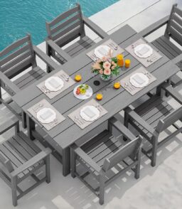 SERWALL 7-Piece HDPE Outdoor Dining Set With Umbrella Hole - Gray