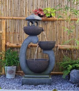 Zen Pagoda Outdoor Water Fountain With Bowl And LED Lights