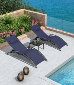 PURPLE LEAF Patio Chaise Lounge Set. 2 Chairs And 1 Table. Aluminum Textilene. 4 Adjustable Positions