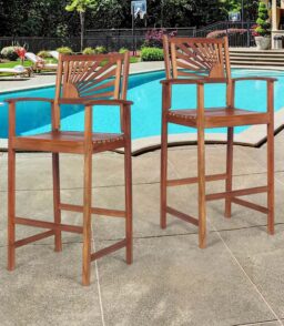 2-Pack Acacia Wood Outdoor Patio Bar Stools. Natural. 29in Seat Height - Sunflower Backrest