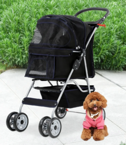 Foldable Dog And Cat Pet Stroller With Storage Basket. Removable Liner And 4 Wheels - Black