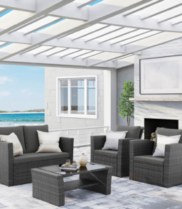 Wisteria Lane 4 Piece Outdoor Patio Furniture Sets. Wicker Conversation Set for Porch Deck. Grey Rattan Sofa Chair with Cushion