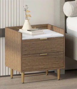 Ecarpat 2-Drawer Nightstand With Metal Legs And Marbled Worktop - 19.7in x 15.8in x 21.3in