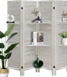 ECOMEX 4 Panel White Wood Room Divider With Shelves - 63 x 67 inch
