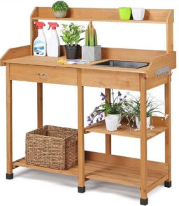 Veado Potting Bench With Sink. Drawer. Rack And Shelves. 45.2 x 17.7 x 47.6 in - Natural Wood