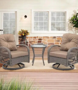 3-Piece Outdoor Swivel Rocker Conversation Set With Tempered Glass Coffee Table