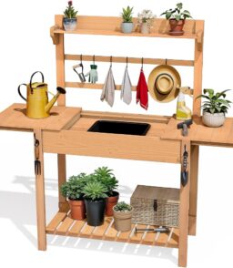 DWVO Outdoor Wooden Potting Bench Table With Sink And Sliding Top