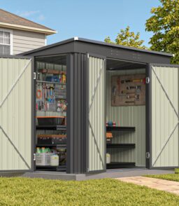 Patiowell Outdoor Metal Storage Shed. 8x4 FT. Black. 3 Lockable Doors