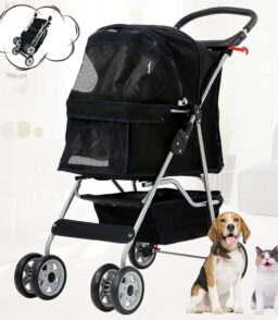Folding Pet Stroller With 4 Wheels. Cup Holder And Storage Basket. Black
