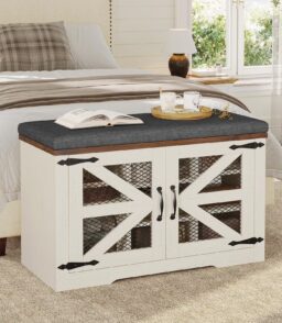 Farmhouse Shoe Storage Bench With Cushion. 31.4in. Metal Barn Door. Old White