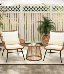 3-Piece Rattan Patio Conversation Set With Glass-Top Bistro Table. Two Wide-Arm Chairs And Seat Cushions