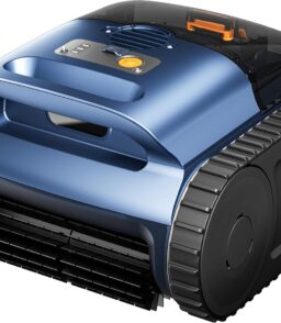Cordless Robotic Pool Vacuum Cleaner With Track Drive. Sonar Navigation. 180W Brushless Motor. 150-Min Runtime. Dark Blue