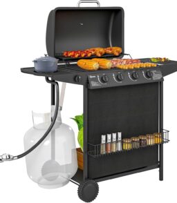 4+1 Burner Propane Gas BBQ Grill With Side Burner. 54 x 121 x 97 cm. Black
